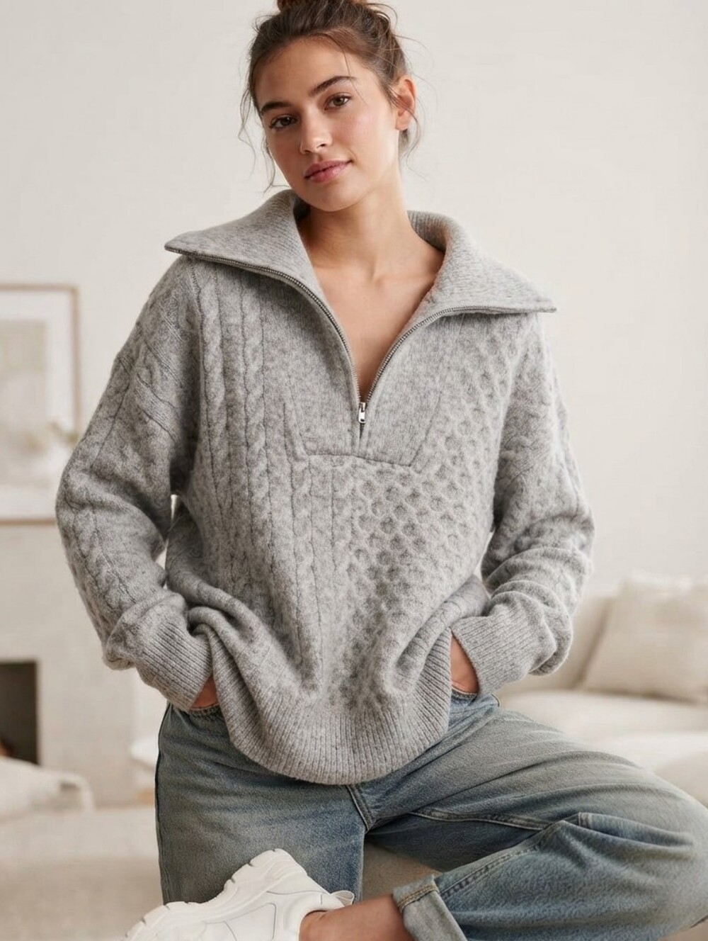 Abercrombie & Fitch Gray Cable Knit Quarter Zip Foldover Collar Sweater Size S